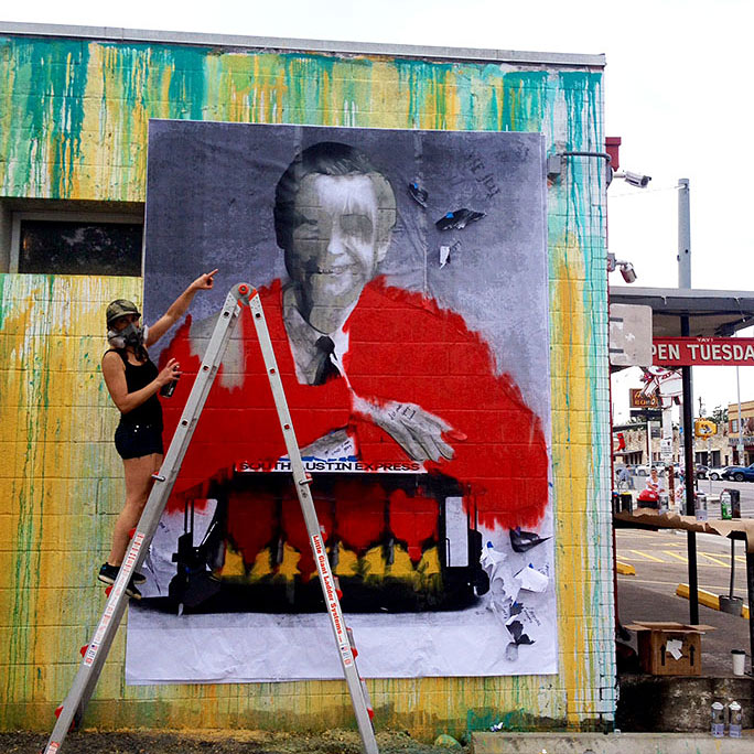 mister rogers mural being painted